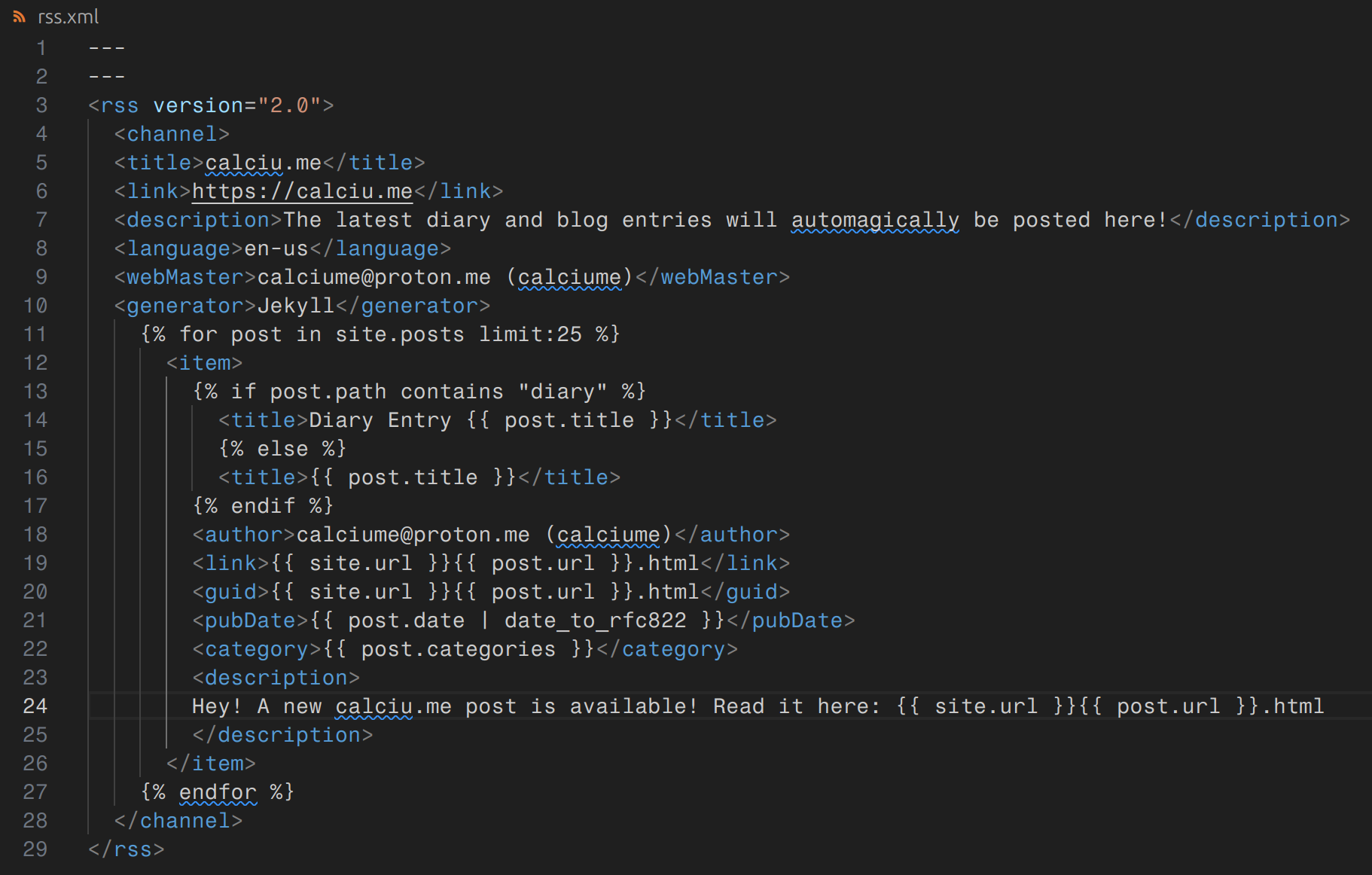 Screenshot of VSCodium showing my RSS implementation