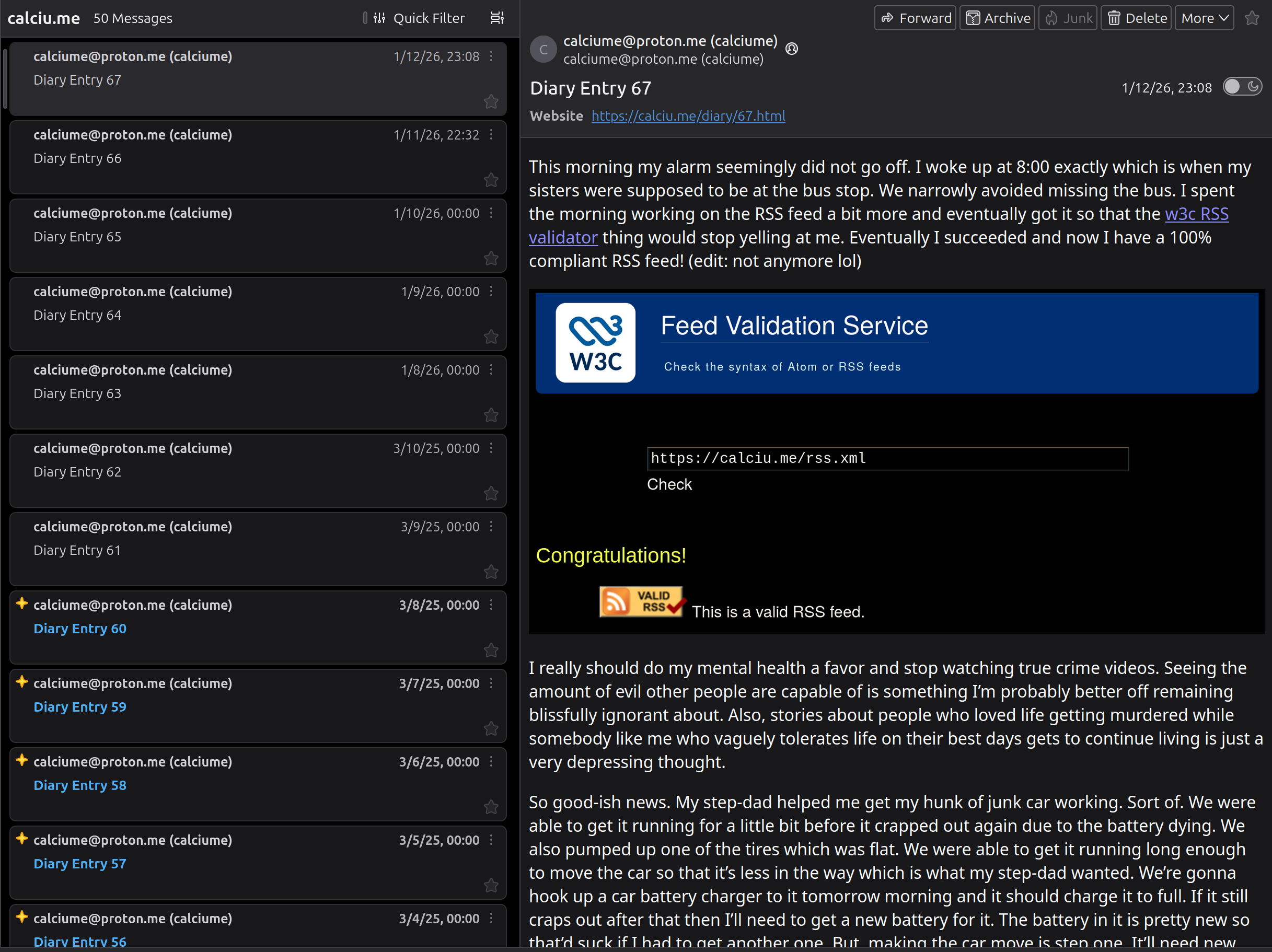 Screenshot of Thunderbird showing my RSS feed