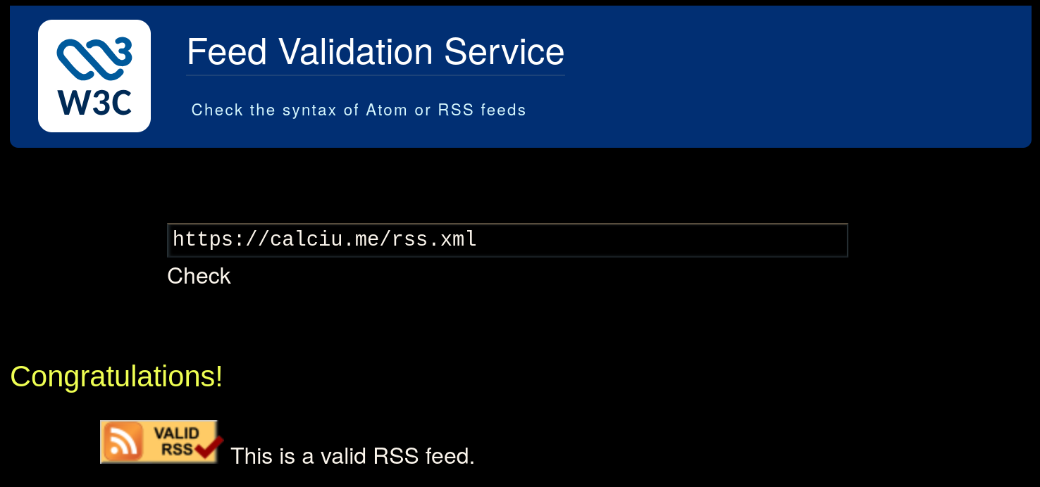 screenshot of w3c RSS validator website